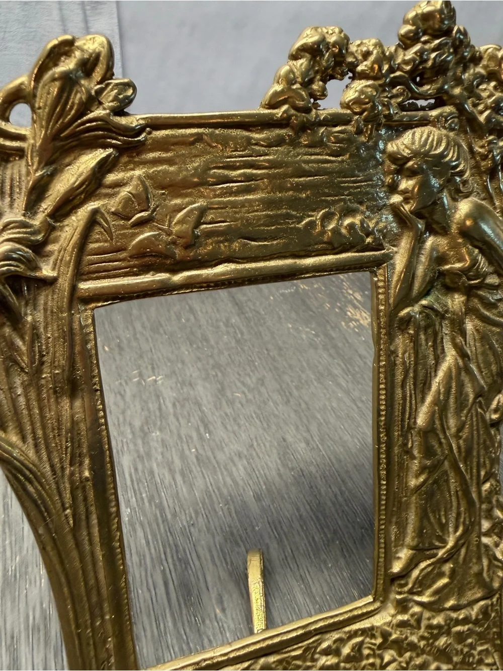 Vtg art nouveau cast iron brass repousse fairy lady floral table frame